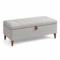 Banc de rangement en tissu polyester gris clair avec pieds en bois massif