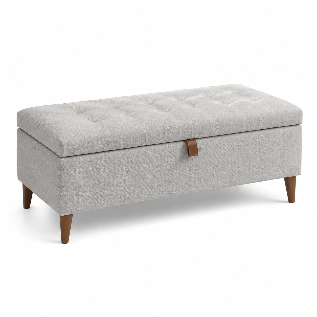 Banc de rangement en tissu polyester gris clair avec pieds en bois massif