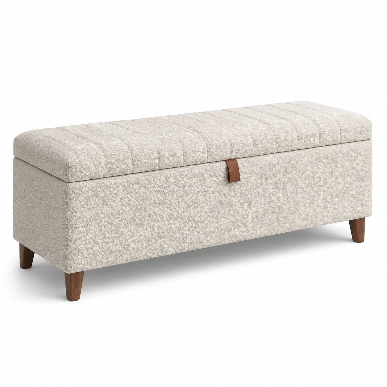 Banc de rangement en tissu beige avec pieds en bois