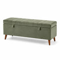 Banc de rangement en velours vert olive avec pieds en bois