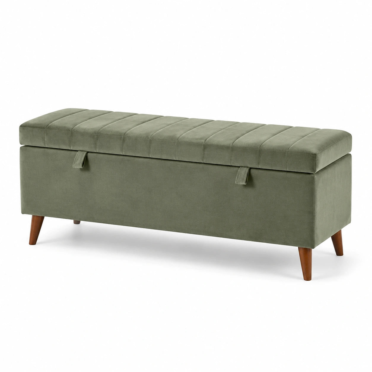 Banc de rangement en velours vert olive avec pieds en bois