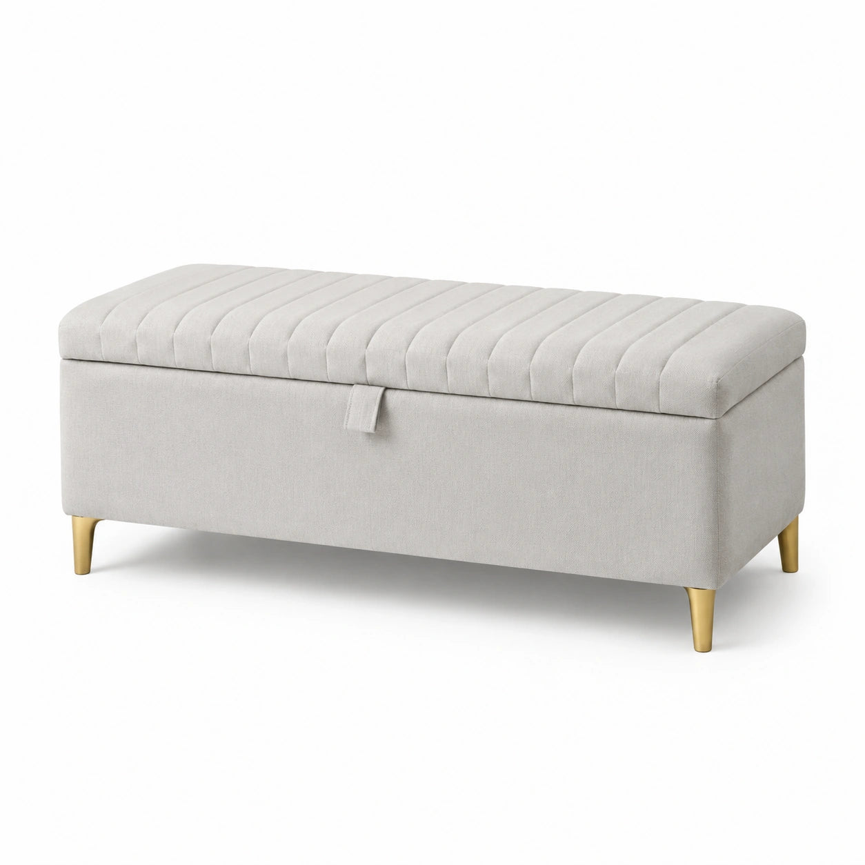 Banc en tissu avec rangement, pieds en métal doré, gris clair