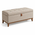 Banc de rangement en tissu polyester beige avec pieds en bois