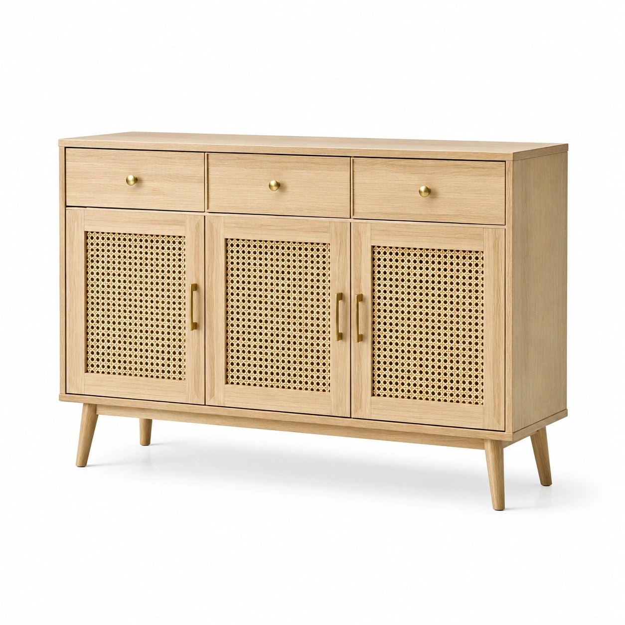 Buffet en bois de chêne clair et rotin, 3 tiroirs