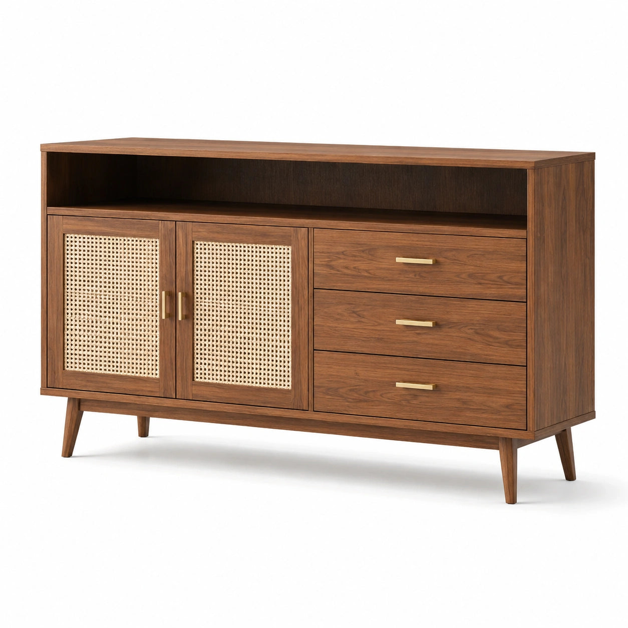 Buffet en bois et rotin avec 3 tiroirs et 2 portes