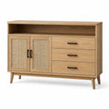 Buffet en bois chêne clair et rotin, 3 tiroirs, 2 portes