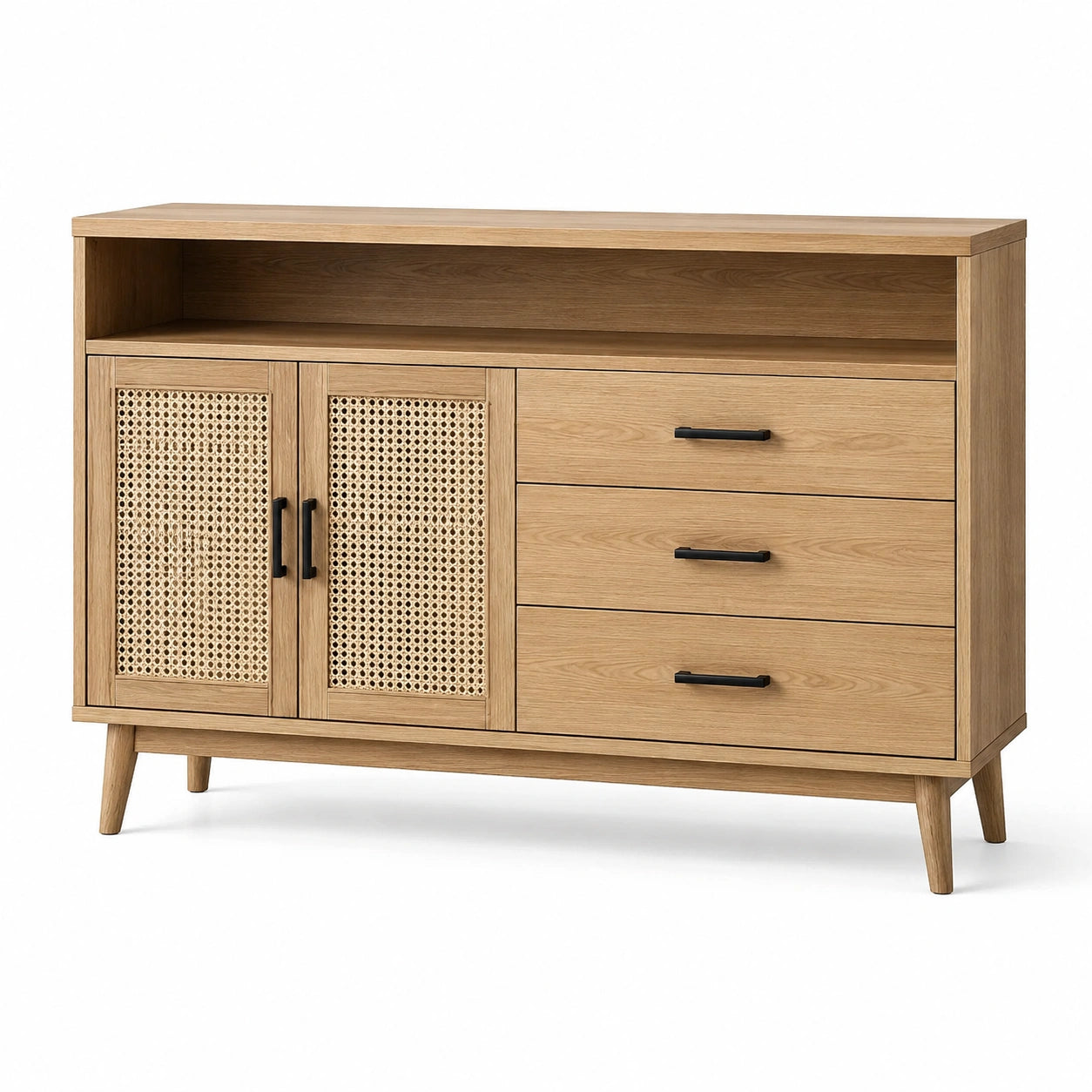 Buffet en bois chêne clair et rotin, 3 tiroirs, 2 portes