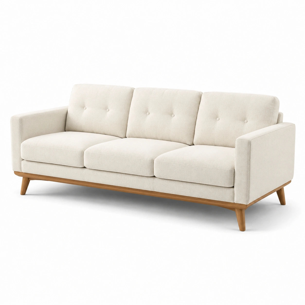 Canapé trois places en tissu beige avec pieds en bois massif