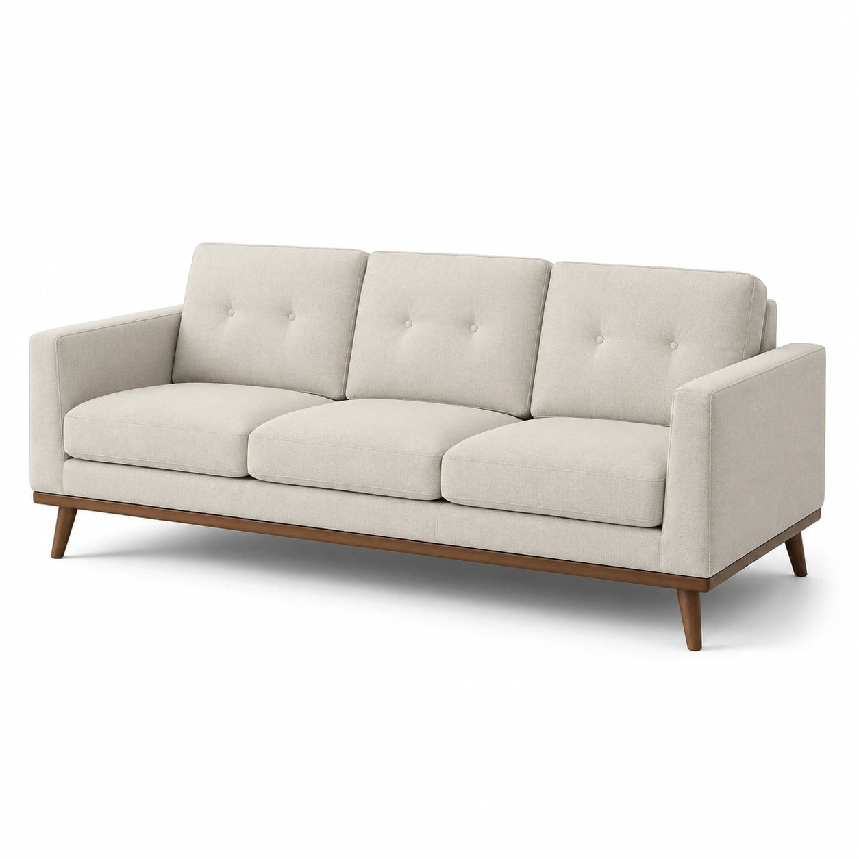 Canapé trois places en bois et tissu polyester beige