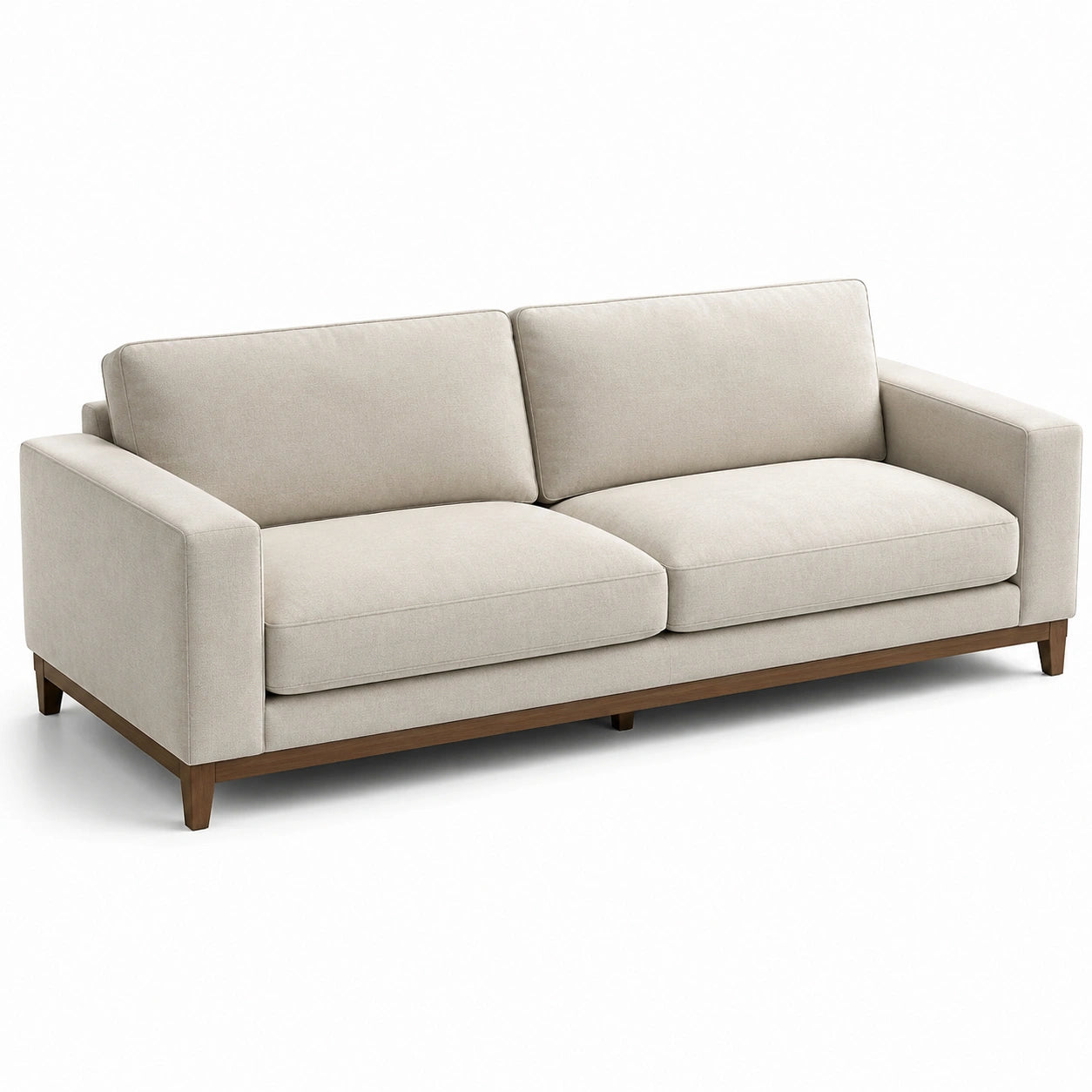 Canapé trois places en tissu polyester beige avec base en bois massif