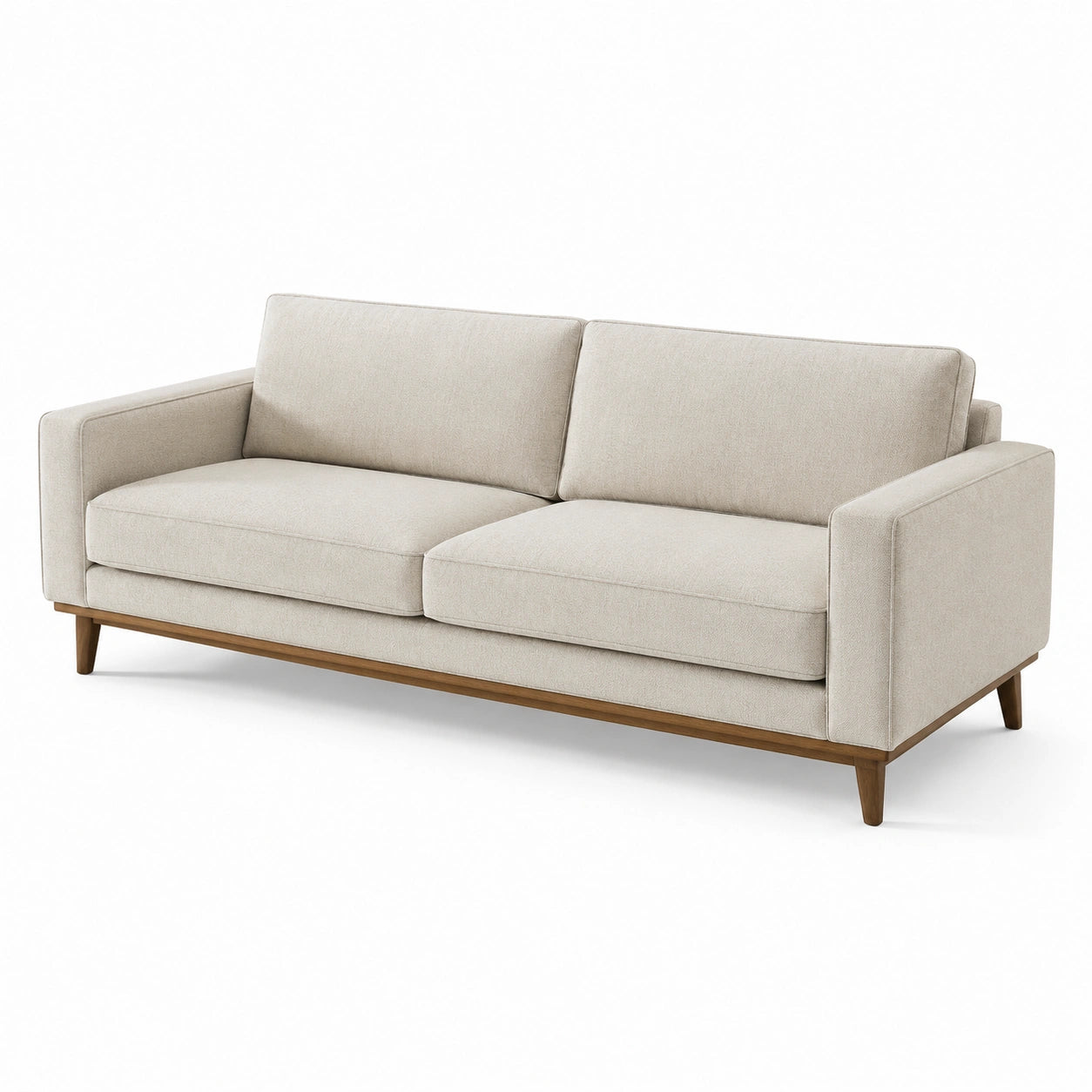 Canapé 3 places en tissu polyester beige avec pieds en bois