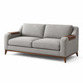 Canapé 3 places en tissu gris avec accoudoirs en cuir marron et base en bois
