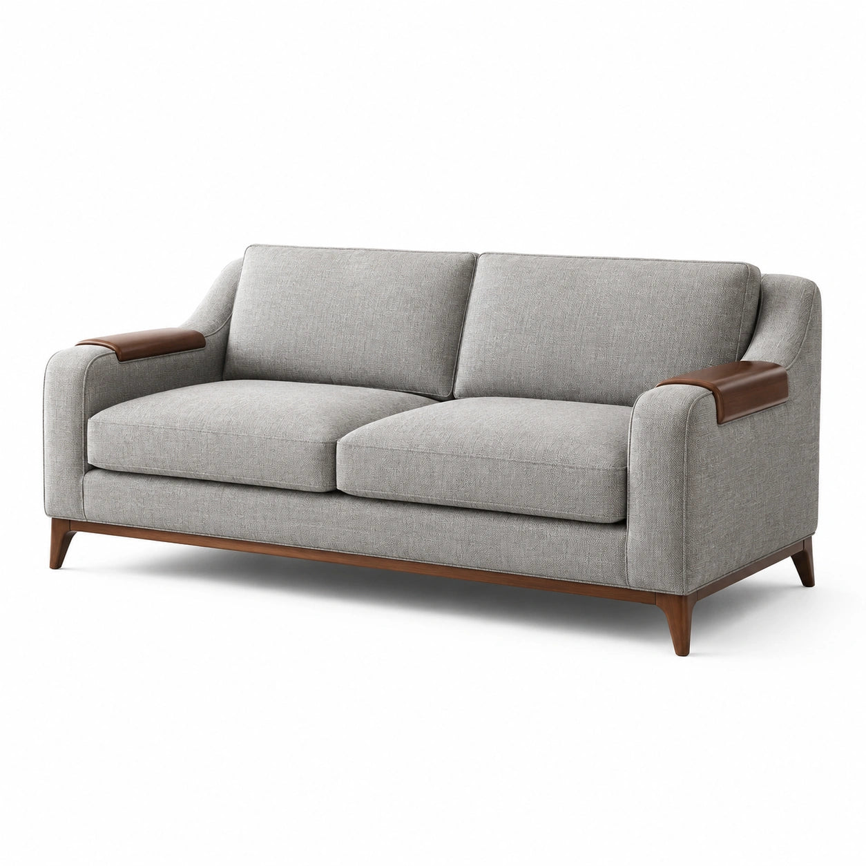 Canapé 3 places en tissu gris avec accoudoirs en cuir marron et base en bois