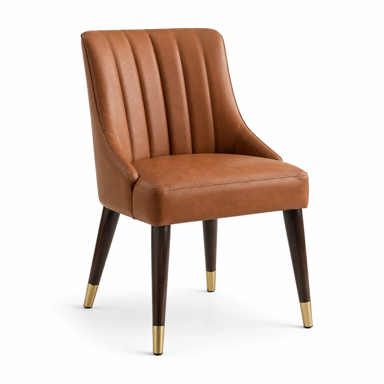 Chaise en cuir synthétique brun avec pieds en bois et finitions dorées