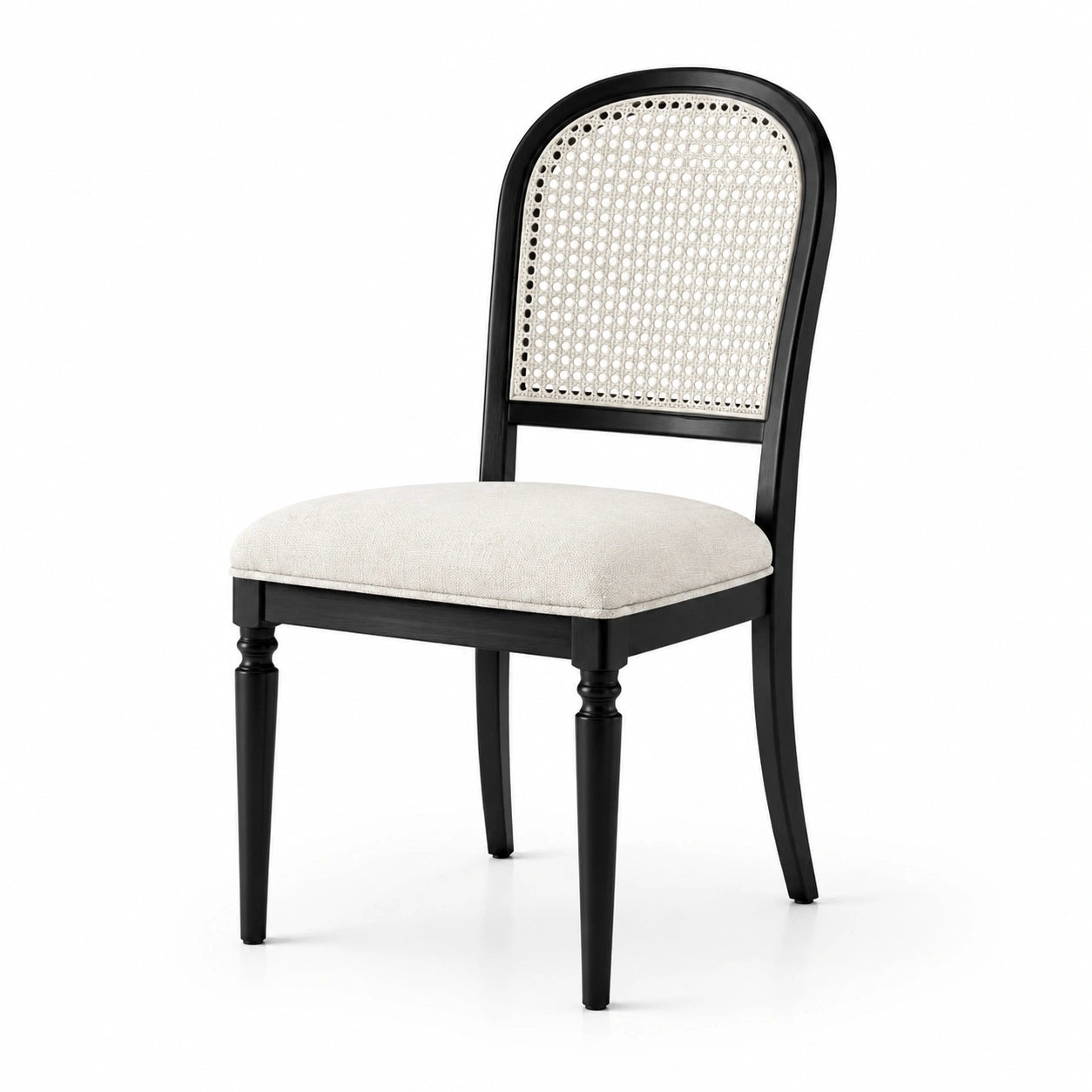 Chaise en bois avec dossier en rotin et assise en tissu crème