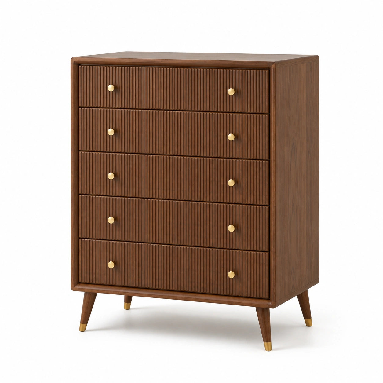 Commode en bois marron avec poignées dorées à cinq tiroirs