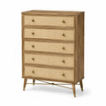 Commode en bois et rotin clair avec 5 tiroirs
