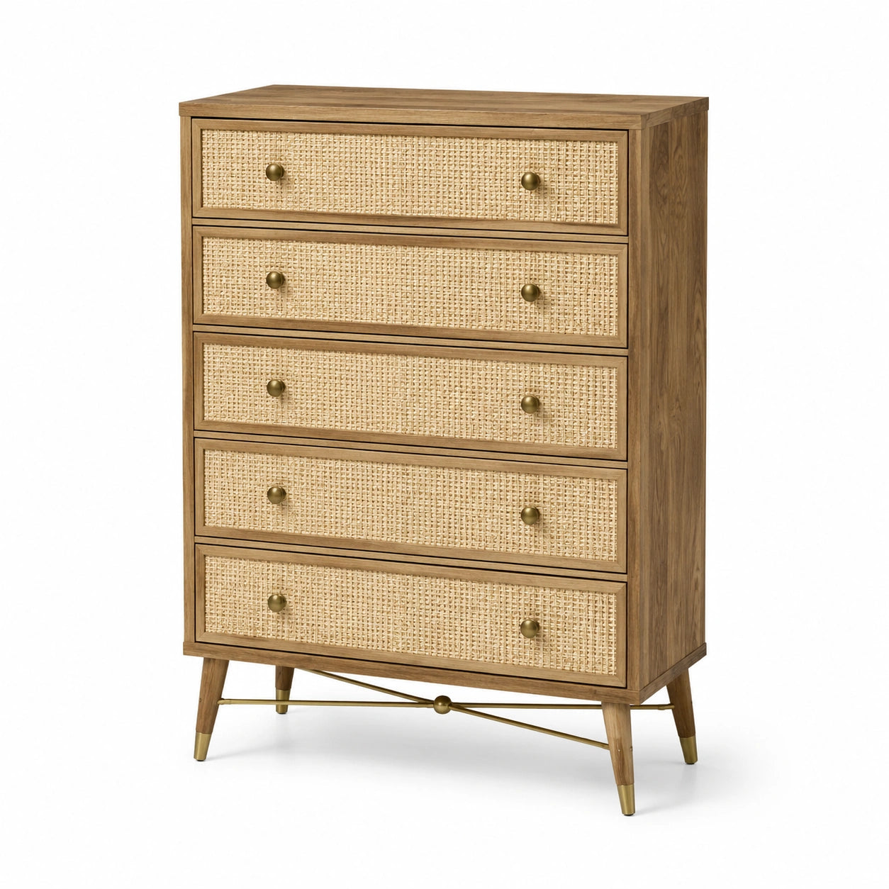Commode en bois et rotin clair avec 5 tiroirs