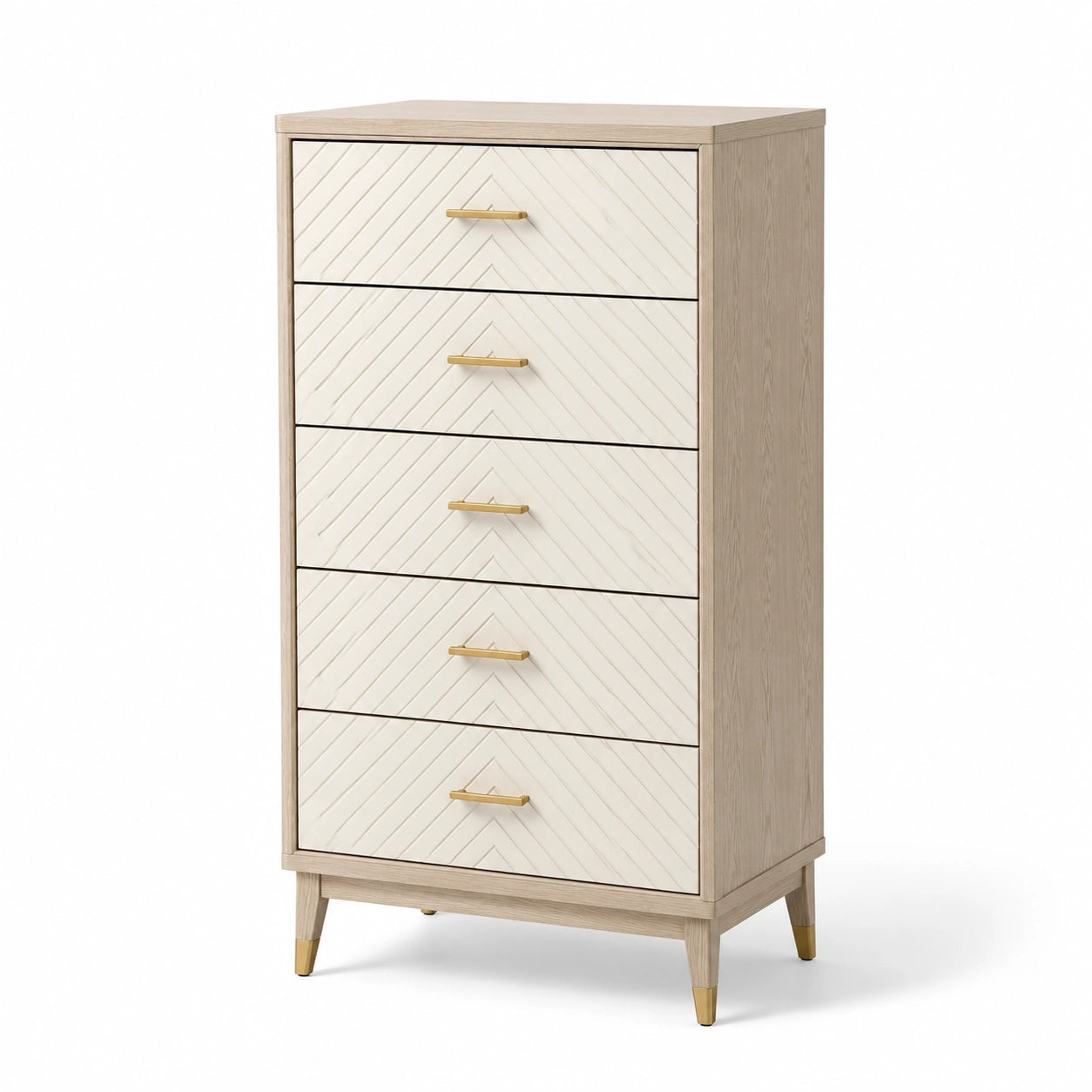Commode à 5 tiroirs chêne clair/blanc avec poignées dorées