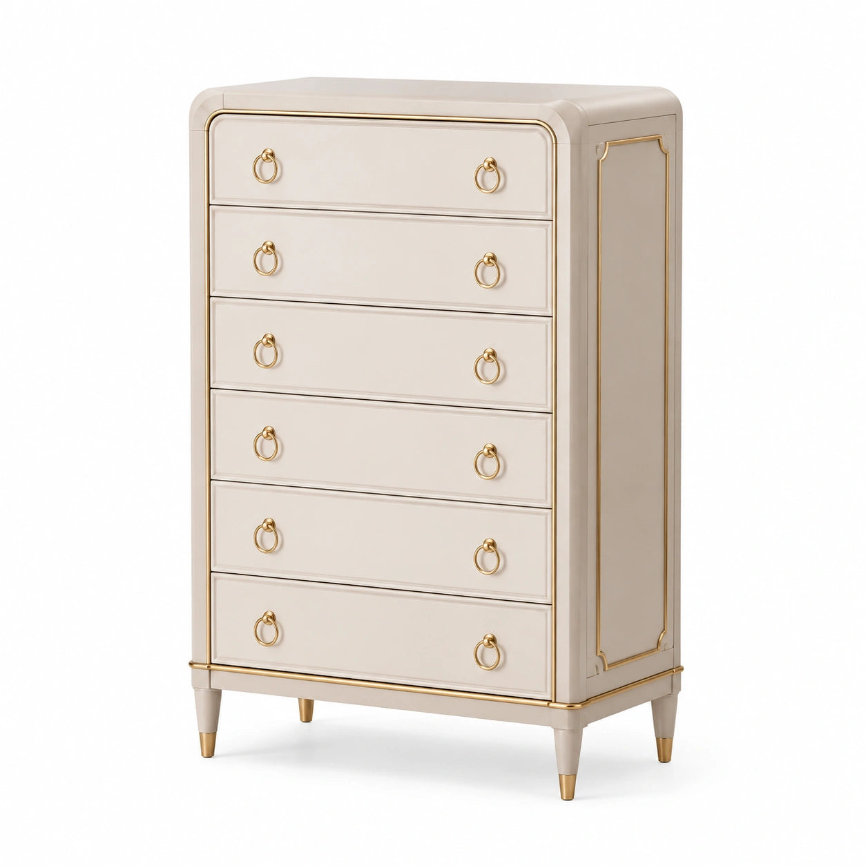 Commode haute 6 tiroirs beige avec bois de pin et poignées en métal