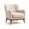Fauteuil en tissu polyester beige avec pieds en bois et embouts métalliques