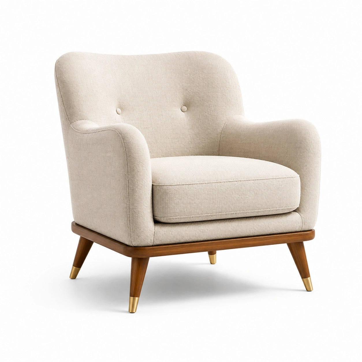 Fauteuil en tissu polyester beige avec pieds en bois et embouts métalliques