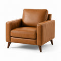 Fauteuil en cuir marron avec pieds en bois massif