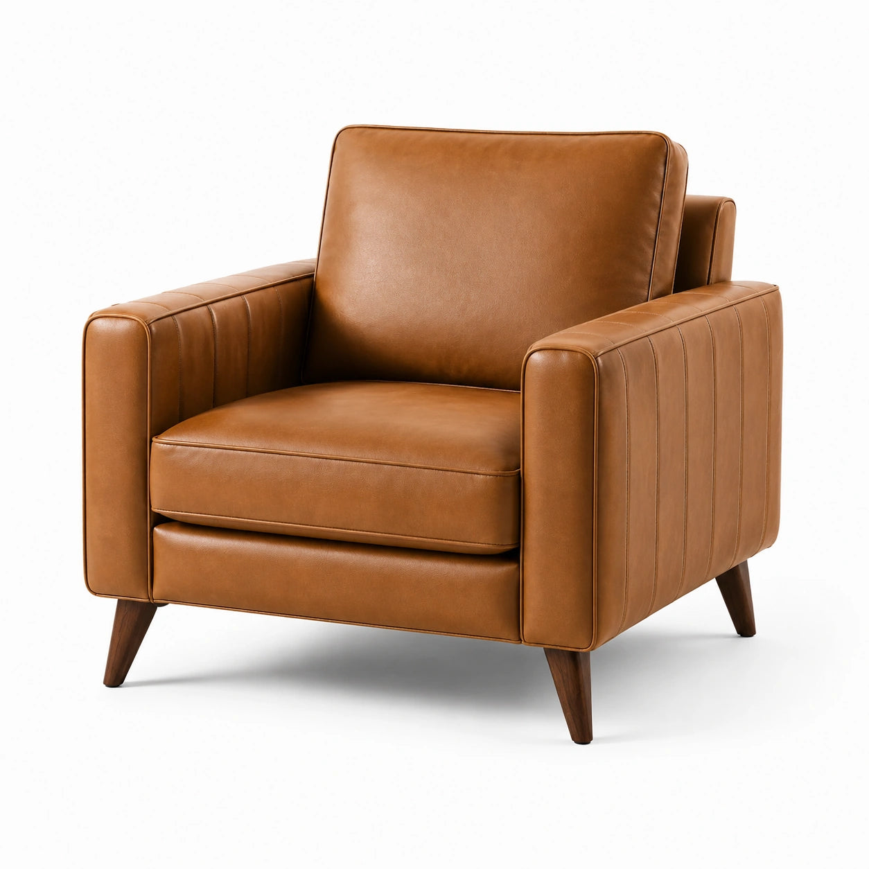 Fauteuil en cuir marron avec pieds en bois massif