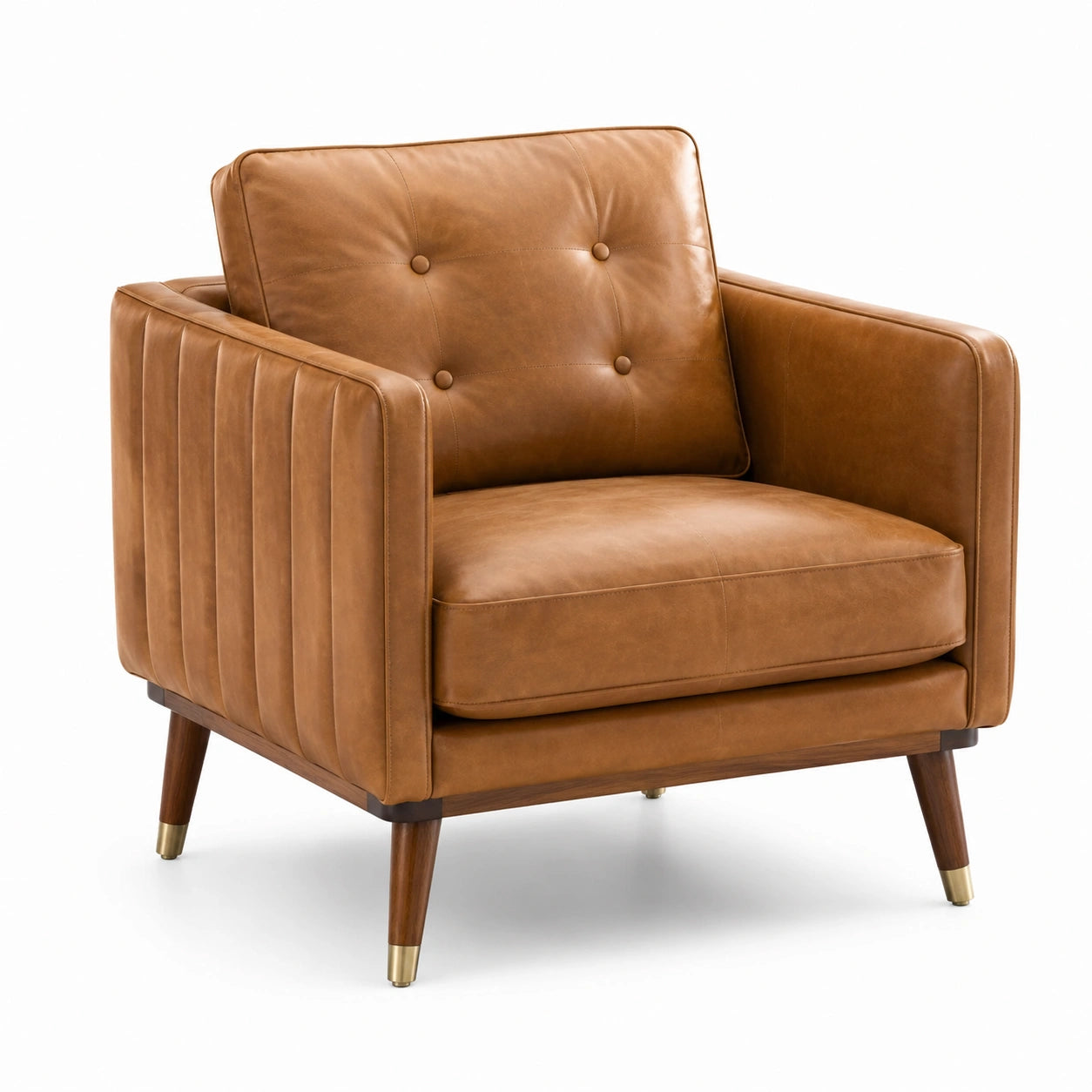 Fauteuil en cuir synthétique marron avec pieds en bois