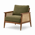 Fauteuil en bois et cannage avec tissu vert