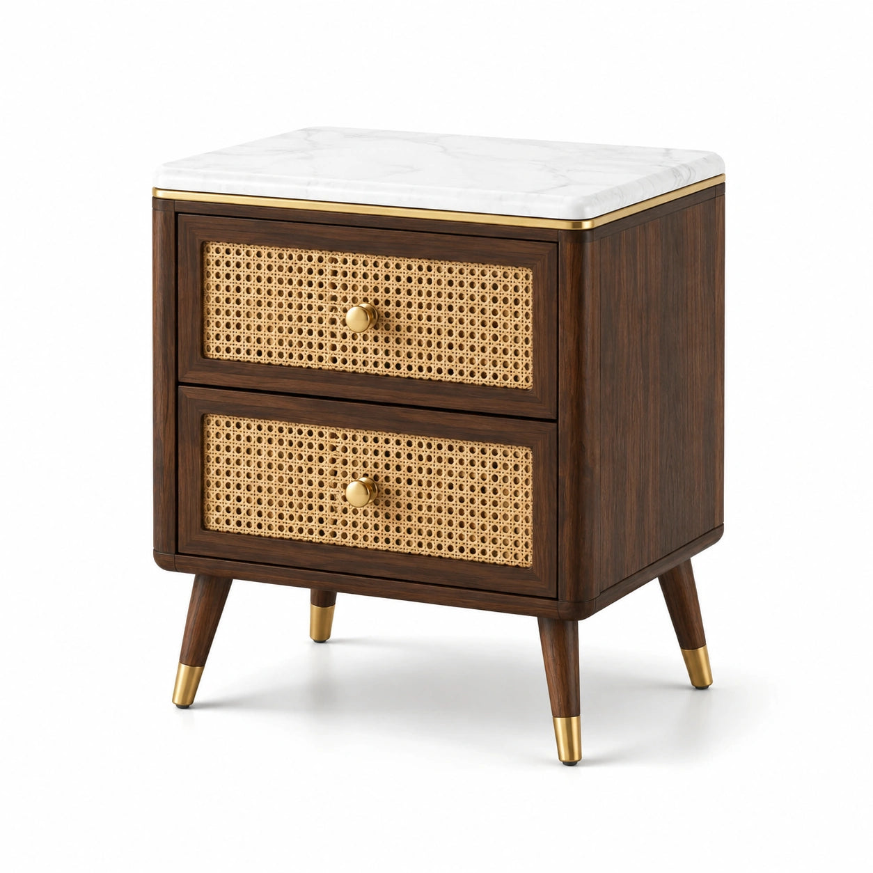 Table de chevet en bois avec marbre et rotin
