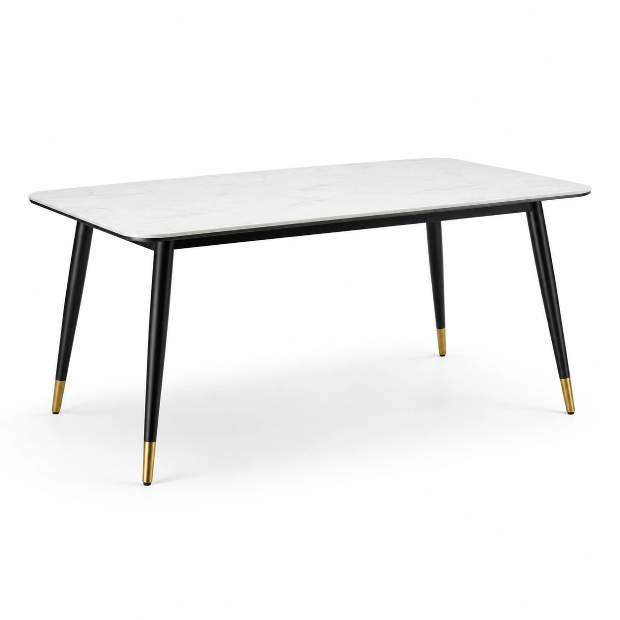 Table rectangulaire marbre blanc et métal noir avec embouts dorés
